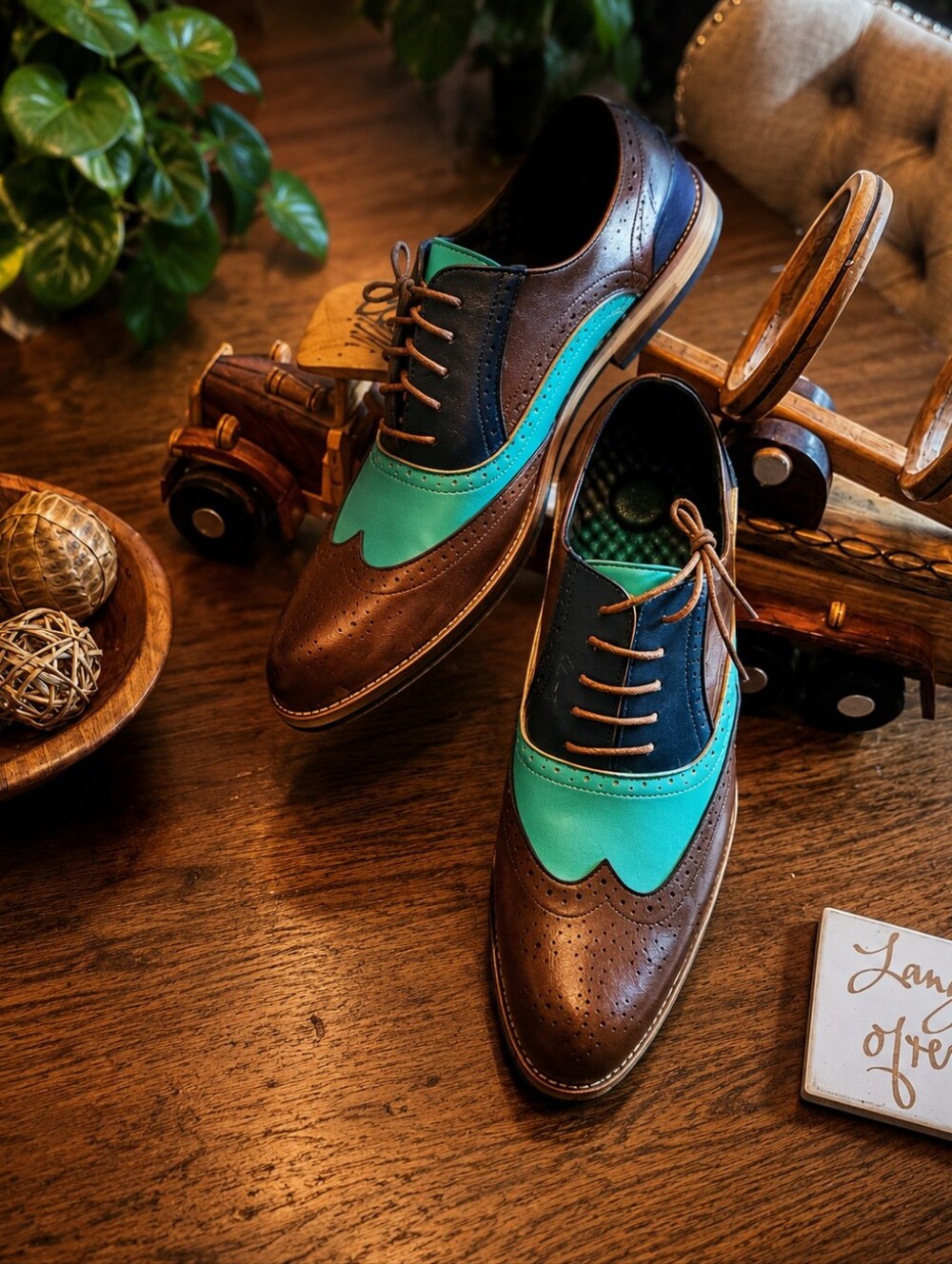 Men's Colorblock Wingtip Dress Shoes - Brown & Teal